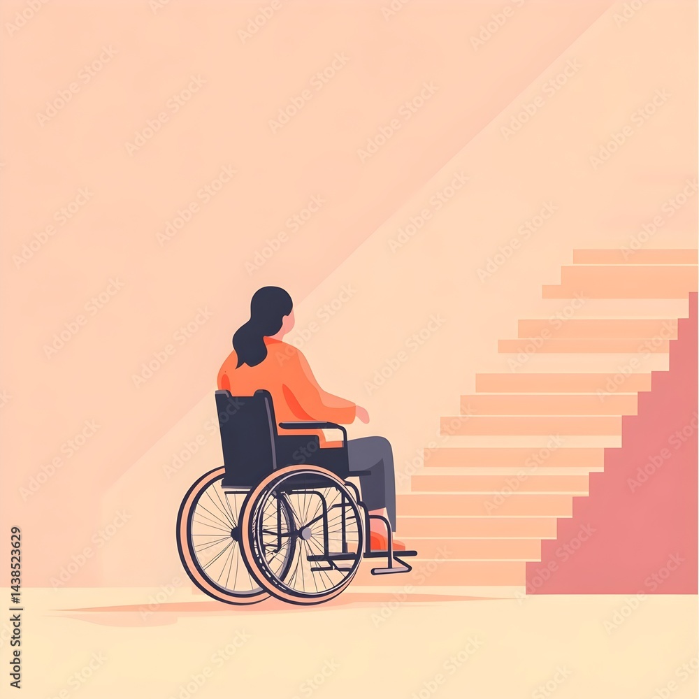 Fototapeta premium Woman in wheelchair facing stairs in a minimalistic setting contemplating accessibility