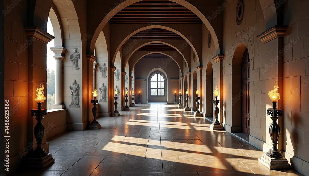 Obraz premium Elegant hallway with arches and lanterns in warm lighting