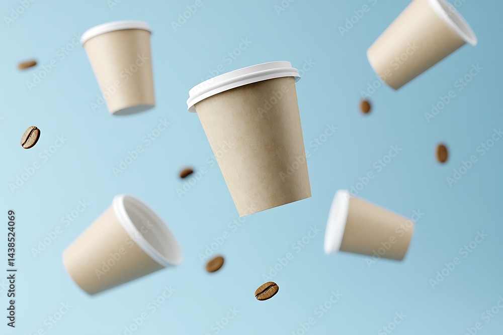 Floating Coffee Cups with Coffee Beans on Light Blue Background Stock Still Life Floating Coffee Cups with Coffee Beans on Light Blue Background Stock Still Life
