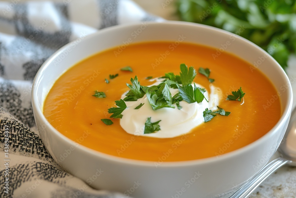 A warm bowl of roasted butternut squash soup, topped with a dollop of yogurt and fresh parsley A warm bowl of roasted butternut squash soup, topped with a dollop of yogurt and fresh parsley