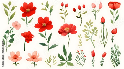 Botanical sketch of red flowers and green leaves gathering on textured surface