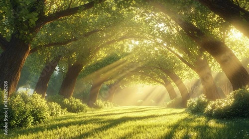 Golden sunrise light with sun rays illuminates the green forest landscape in the morning