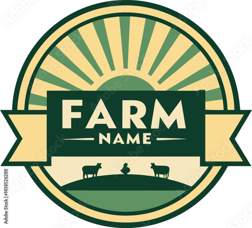 Farm Logo Design with Sheep Chicken and Sun