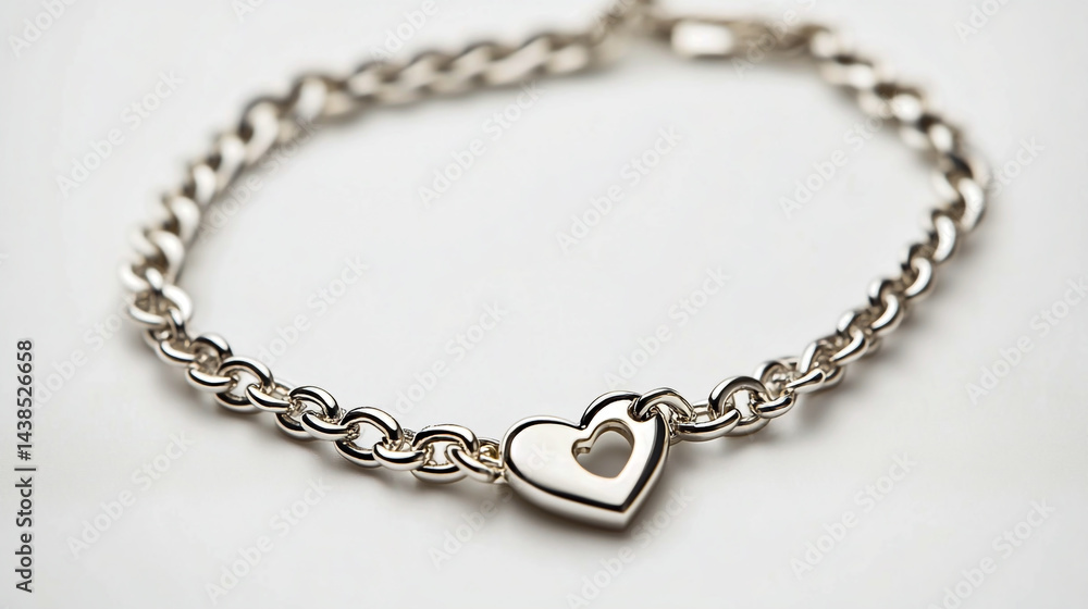 A silver chain bracelet with a heart charm on a white background, product photography. A silver chain bracelet with a heart charm on a white background, product photography.