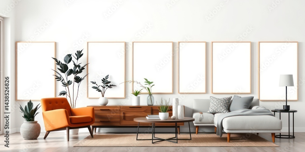 Modern Living Room Interior Design with Empty Frames and Stylish Furniture Modern Living Room Interior Design with Empty Frames and Stylish Furniture
