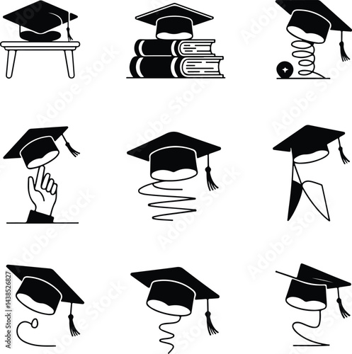 Graduation Cap Silhouette Set | Education Achievement Vector Graduation Hat Silhouette Collection | Academic Success Icons