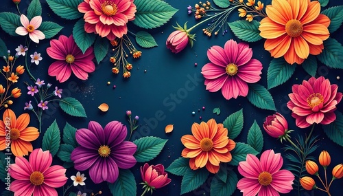 Intricate floral pattern, vibrant hues, lush blooms, garden, wallpaper