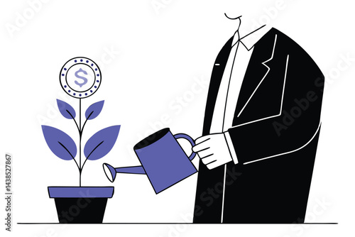 Businessman Watering Dollar Coin Flower for Money Growth and Investment Success