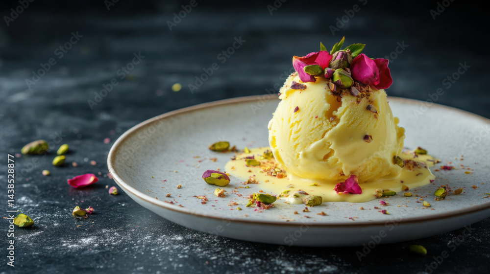 A Delicate Scoop of Saffron Ice Cream with Pistachios and Rose Petals A Delicate Scoop of Saffron Ice Cream with Pistachios and Rose Petals