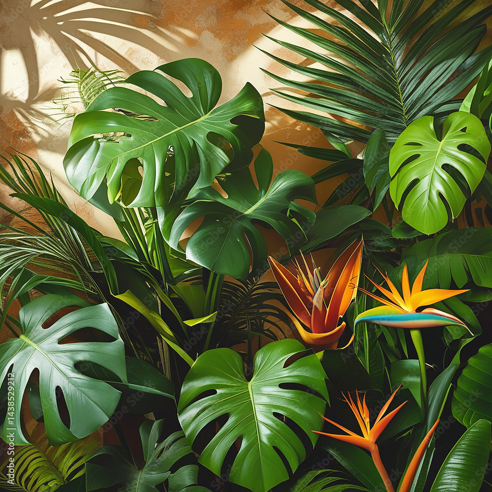 A bright photo of a grouping of tropical plants, like monsters and bird of paradise flowers A bright photo of a grouping of tropical plants, like monsters and bird of paradise flowers