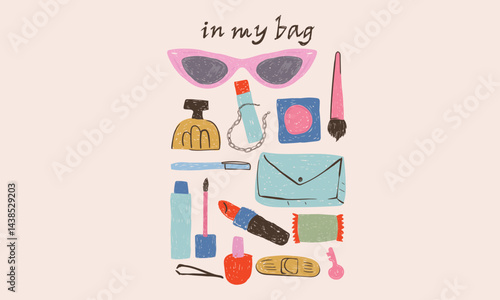 Daily lifestyle accessories in ladies bag. Fashion elements design  for fashion, top, dress, graphics, slogan tee, posters and others. Abstract art.