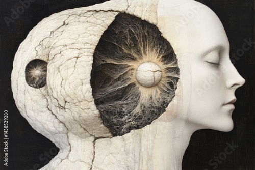Surreal portrait Woman, closed eyes, cracked head reveals sphere, eye-like structures