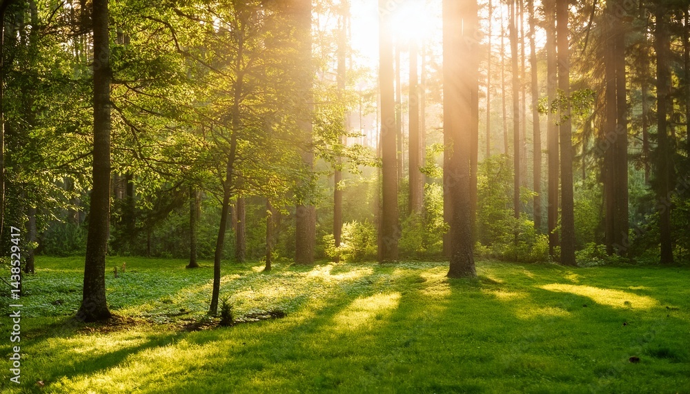 Fototapeta premium sunlit forest scene green grass and trees create shadows and light in outdoor park atmosphere