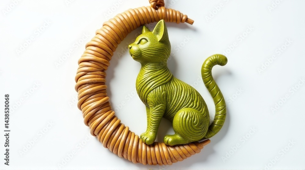 Green cat figurine on crescent moon with spiral detailing in abstract art design. Green cat figurine on crescent moon with spiral detailing in abstract art design.