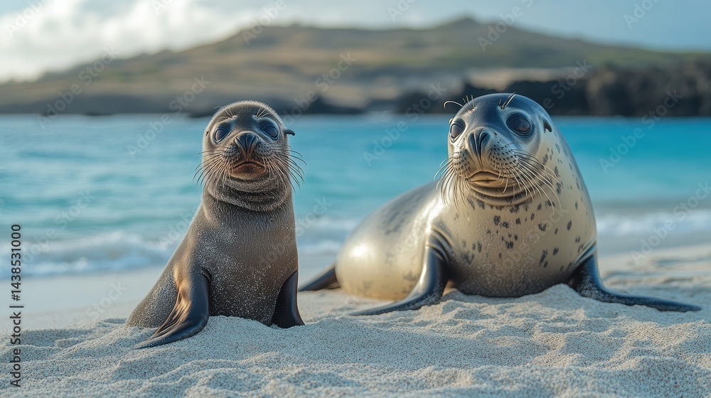 Fototapeta premium A baby seal playing on a sandy beach with its mother nearby