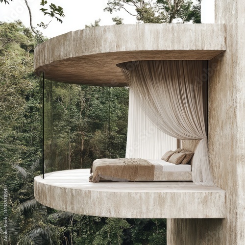 Modern architectural bedroom design with natural textures and forest backdrop. Features a circular concrete balcony with bed and draped curtain.