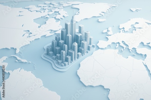 Wallpaper Mural World Cityscape: A stunning, modern depiction of a city rising from a world map, a symbol of global urban development, innovation, and interconnectedness. Torontodigital.ca