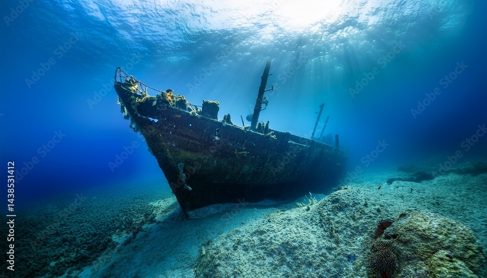 submerged vessel remains captivating underwater scene of a shipwreck in the deep blue ocean submerged vessel remains captivating underwater scene of a shipwreck in the deep blue ocean