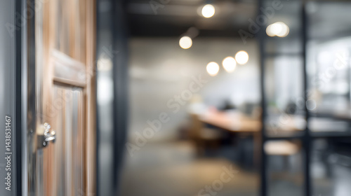 Dynamic office scene with blurred doorway modern workspace professional environment soft lighting