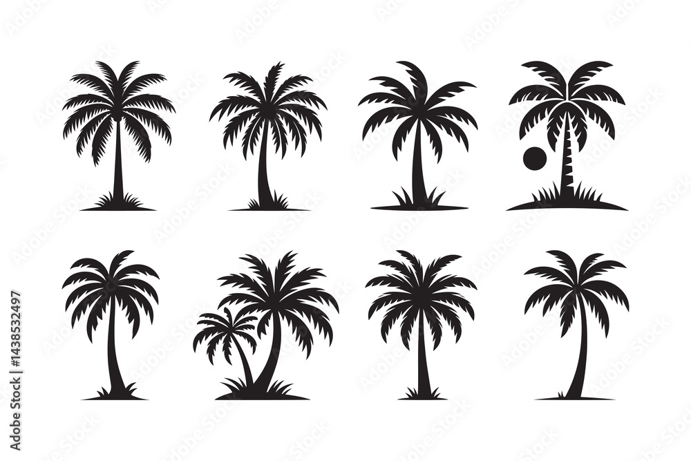 Fototapeta premium Set of palm tree silhouette clipart icon illustration, isolated on white background 