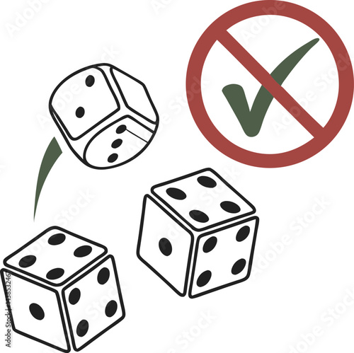Icon set of dice symbols with prohibition sign and approval checkmark in red and green circles