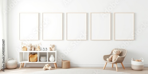 Minimalist Nursery Decor with Blank Frames and Plush Toys