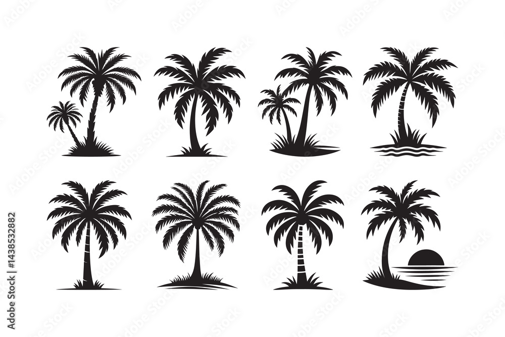 Fototapeta premium Set of palm tree silhouette clipart icon illustration, isolated on white background 
