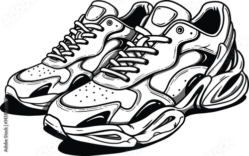 Trendy Sneakers, Black and White Vector Illustration