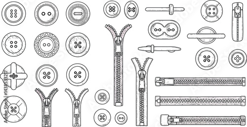 Vector Buttons and Zippers Set - Black and White Illustration