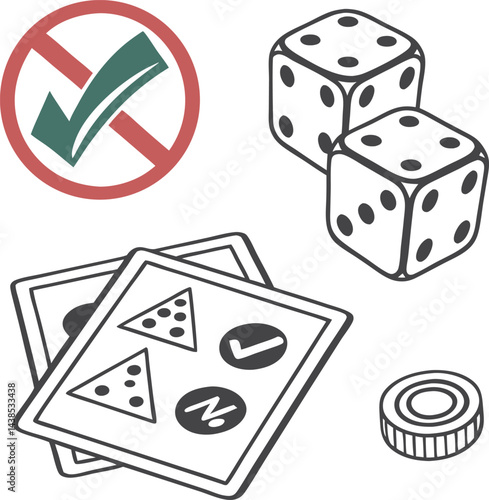 Icon set of dice symbols with prohibition sign and approval checkmark in red and green circles