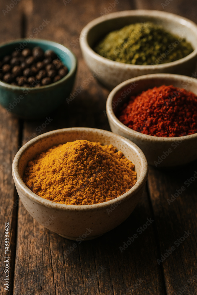 Assortment of vibrant spices in bowls: Turmeric, paprika, dried herbs and peppercorns create an aromatic, colorful kitchen still life. Assortment of vibrant spices in bowls: Turmeric, paprika, dried herbs and peppercorns create an aromatic, colorful kitchen still life.