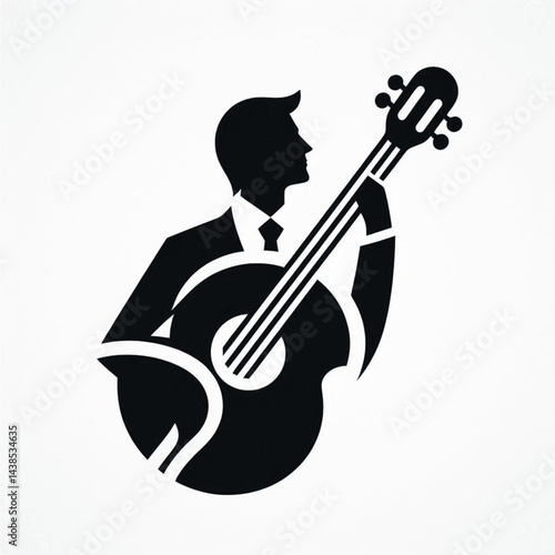 A guitar woman combined with a treble clef, forming a sleek, minimalistic logo. silhouette black and white,