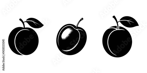 plum fruit minimalist silhouette vector icon - for graphic design projects plum, Modern Artwork, set of Peach silhouette vector illustration, Peach Flat Design Fruit Icon, Apricot Flat icons.