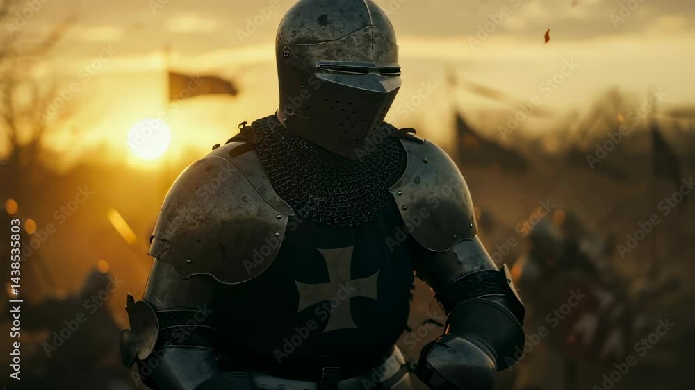 Medieval knight on battlefield at golden sunset. Crusader in full armor ready for fight. Historical reenactment of war scene, brave warrior, battle concept. Medieval knight on battlefield at golden sunset. Crusader in full armor ready for fight. Historical reenactment of war scene, brave warrior, battle concept.