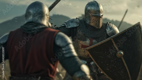 Knight in full armor fights with sword and shield on battle field. Medieval warrior in combat with army of opponents. Epic confrontation for history book illustration.