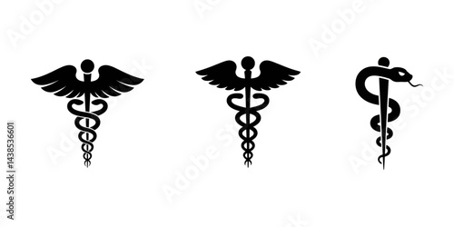 Pharmaceutical icon set. Medical cross, rod and snake symbol. Pharmacy icons, Medical symbol icons set. Star of Life with cross, caduceus, Rod of Asclepius and pharmacy symbol Bowl of Hygieia.
