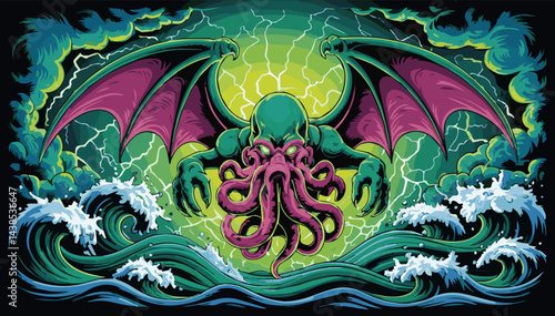 A color illustration of a fantastic monster with tentacles and webbed wings emerging from the depths of the sea. Vector graphics. EPS