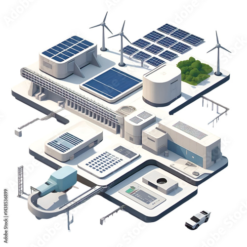 Isometric Floating Clean Energy Power Station with Solar, Wind, Hydro and Battery Storage