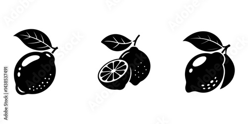 Lemons graphic icons set. Lemons signs isolated on white background. Fruits symbols. Vector illustration, Hand drawn abstract lemon silhouettes set. Collection of whole and cut lemons, branches.