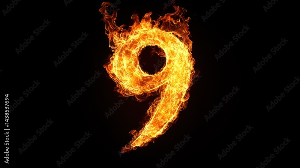 Fototapeta premium Fiery number nine, burning digits, black background, abstract art, graphic design