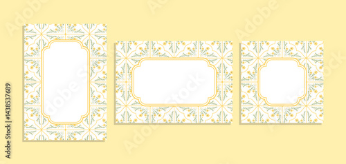 Series of beautiful cottagecore tiles frame background with floral flower motifs for prints card invitation notes journaling in sweet folk art shabby chic style