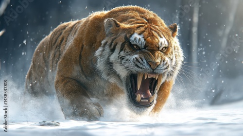 An extinct saber-toothed tiger frozen in time with its massive fangs visible