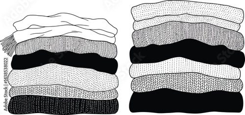 Stacked Sweaters and Scarves - Black and White Vector