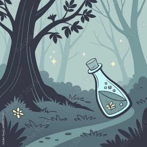 Fantasy elixir bottle floating in a dreamy enchanted forest