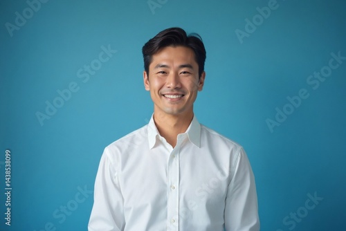 Smiling Japanese Man in Classic White Dress Shirt Posing Against Simple Blue Studio Background for Portrait
