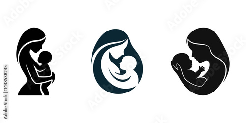 Mother baby silhouette set, A mother holding her baby silhouette black filled vector Illustration icon set with white background, Breastfeeding silhouette vector.  Mother feeding breast milk to baby.