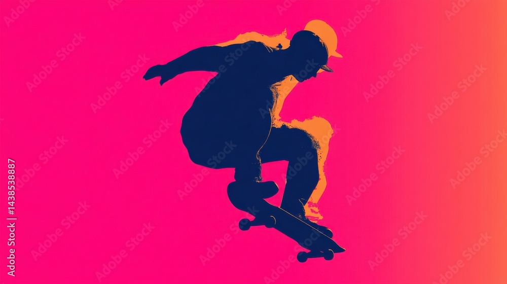 Dynamic Silhouette of Skateboarder Mid-Trick on Bold Color Background Dynamic Silhouette of Skateboarder Mid-Trick on Bold Color Background