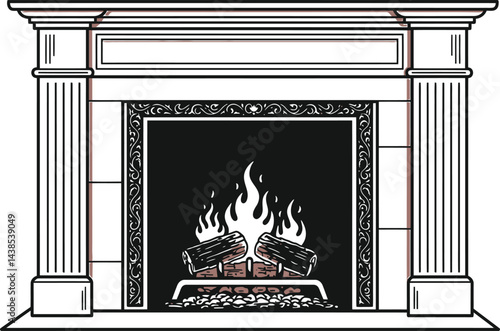 Cozy Fireplace, Black and White Vector Illustration