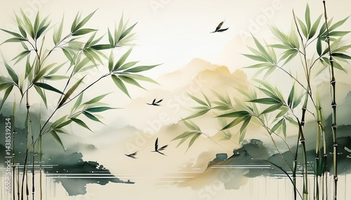aquarel ink painting of flying bamboo leaves minimalist oriental brushwork light background generative ai