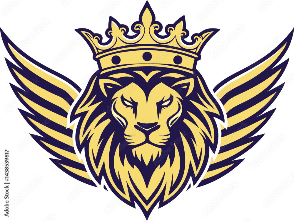 Obraz premium Lion head with crown in royal majestic golden color vector art featuring detailed mane and bold lines for a powerful regal mascot logo